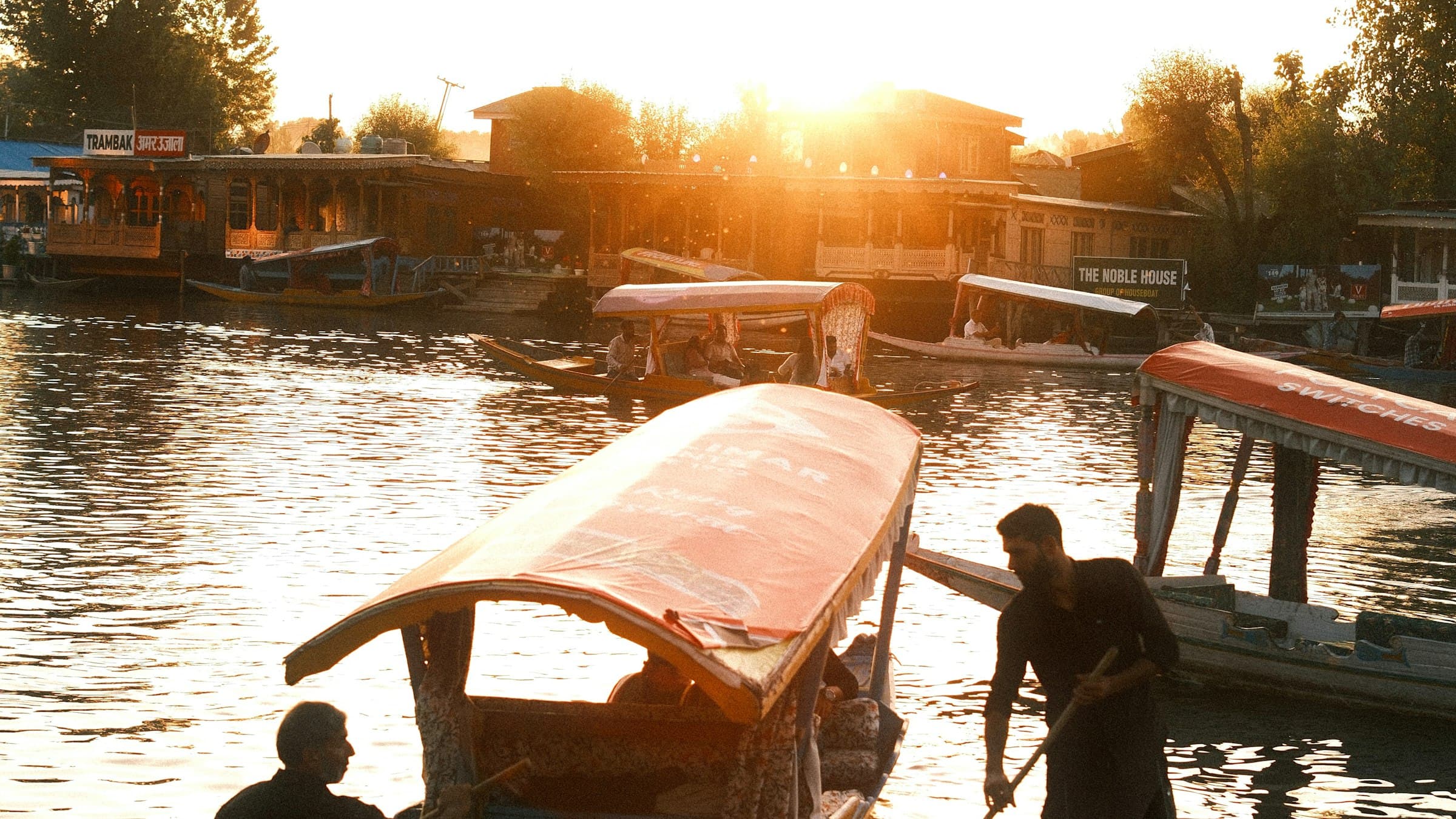 Men poling traditional shikara boats across Dal Lake during a golden sunset.