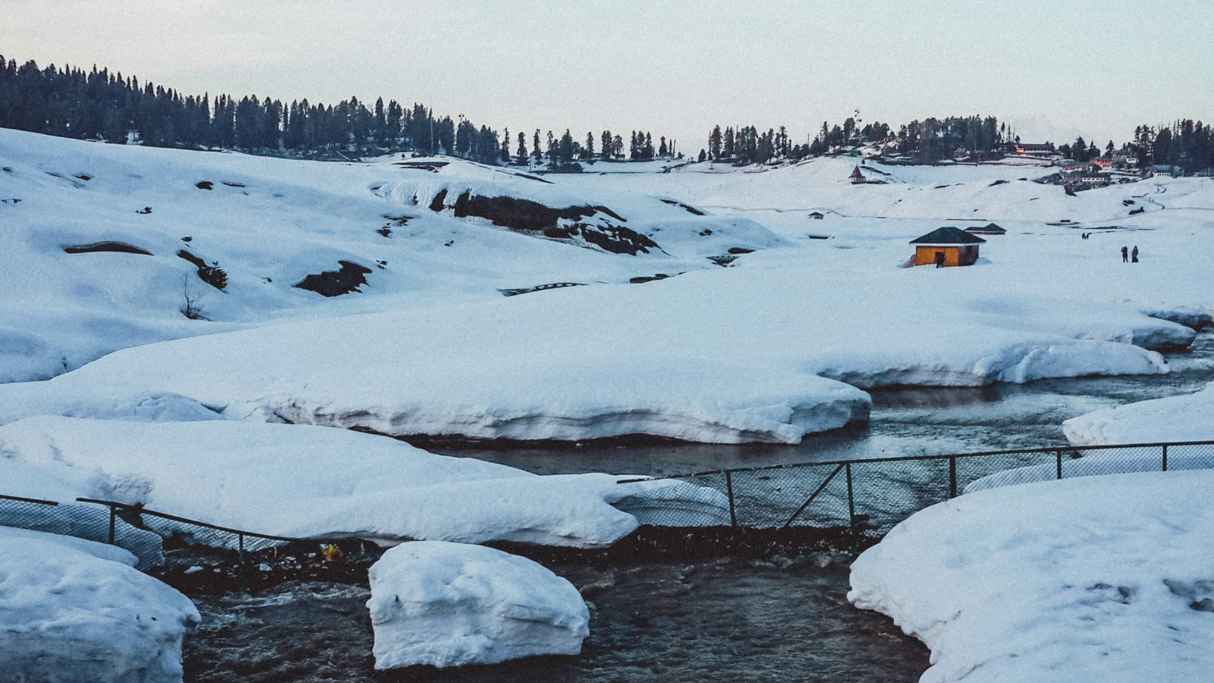 A deep snow-covered field and pine trees at Gulmarg in winter.