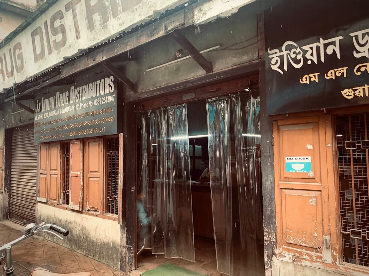 A bicycle leans against an unchanged 19th-century shopfront in the old quarter of Guwahati.