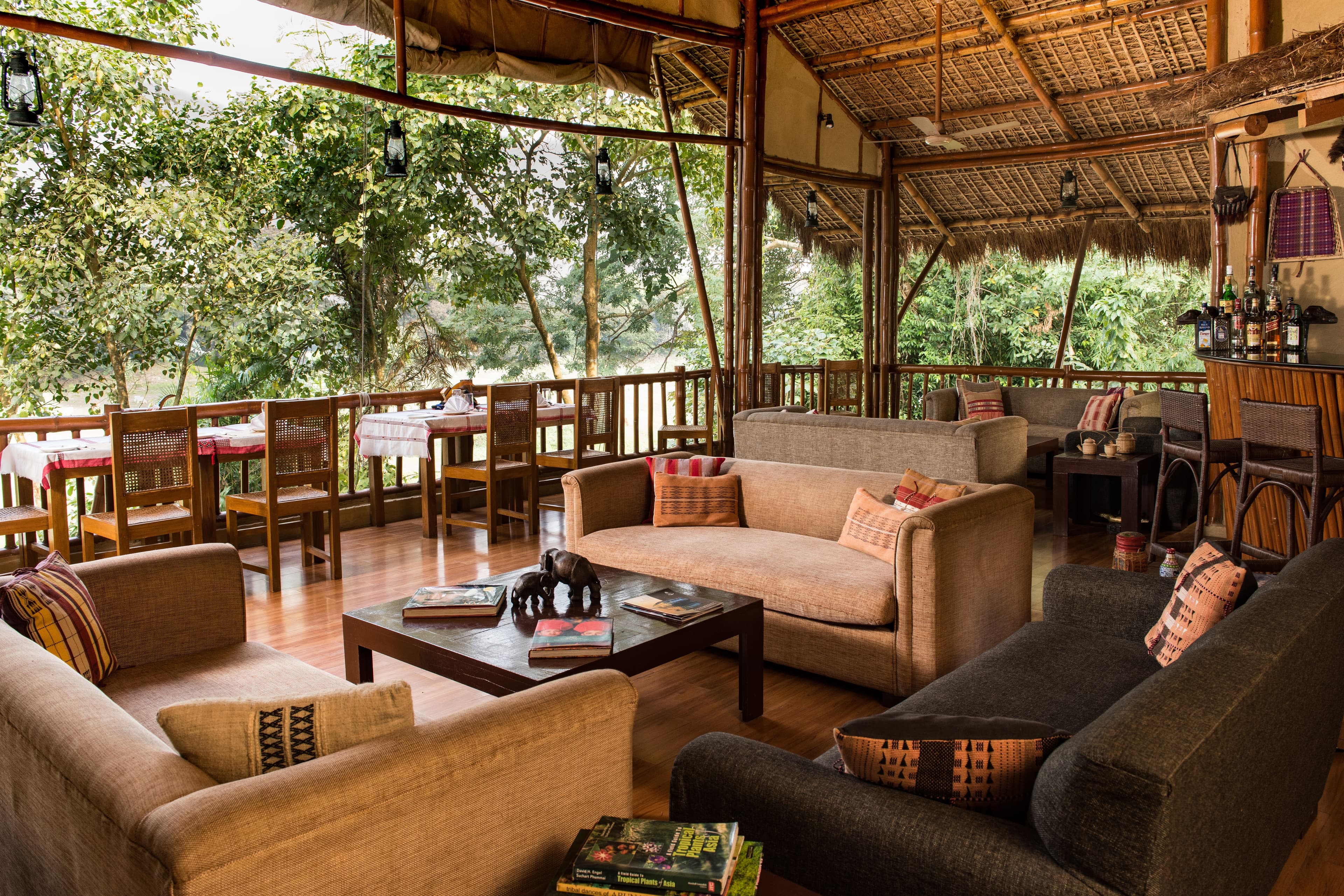 The raised machaan lounge deck at Diphlu River Lodge.