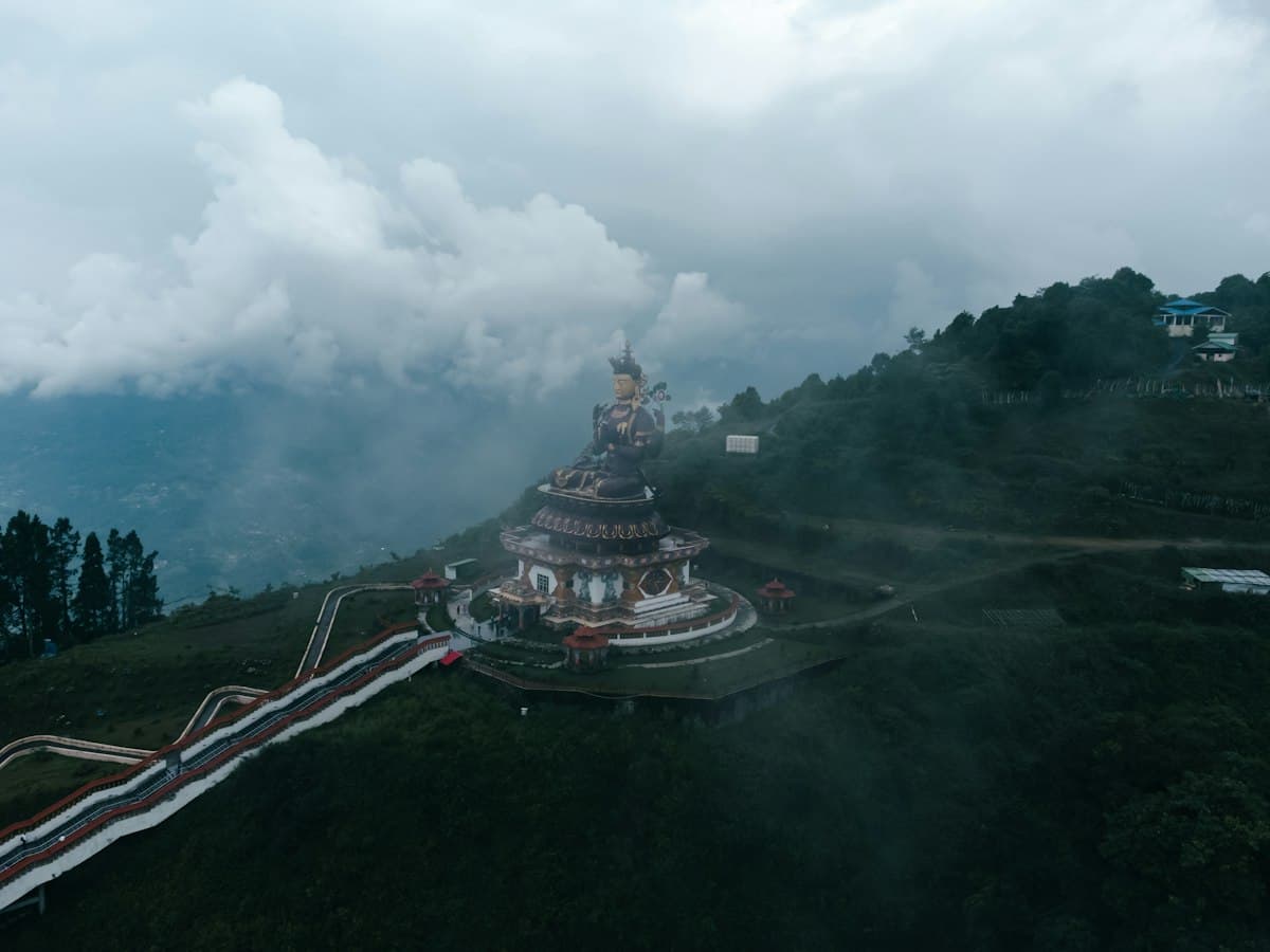 An aerial view of the hilltop Sky Walk viewing platform at Pelling, West Sikkim.