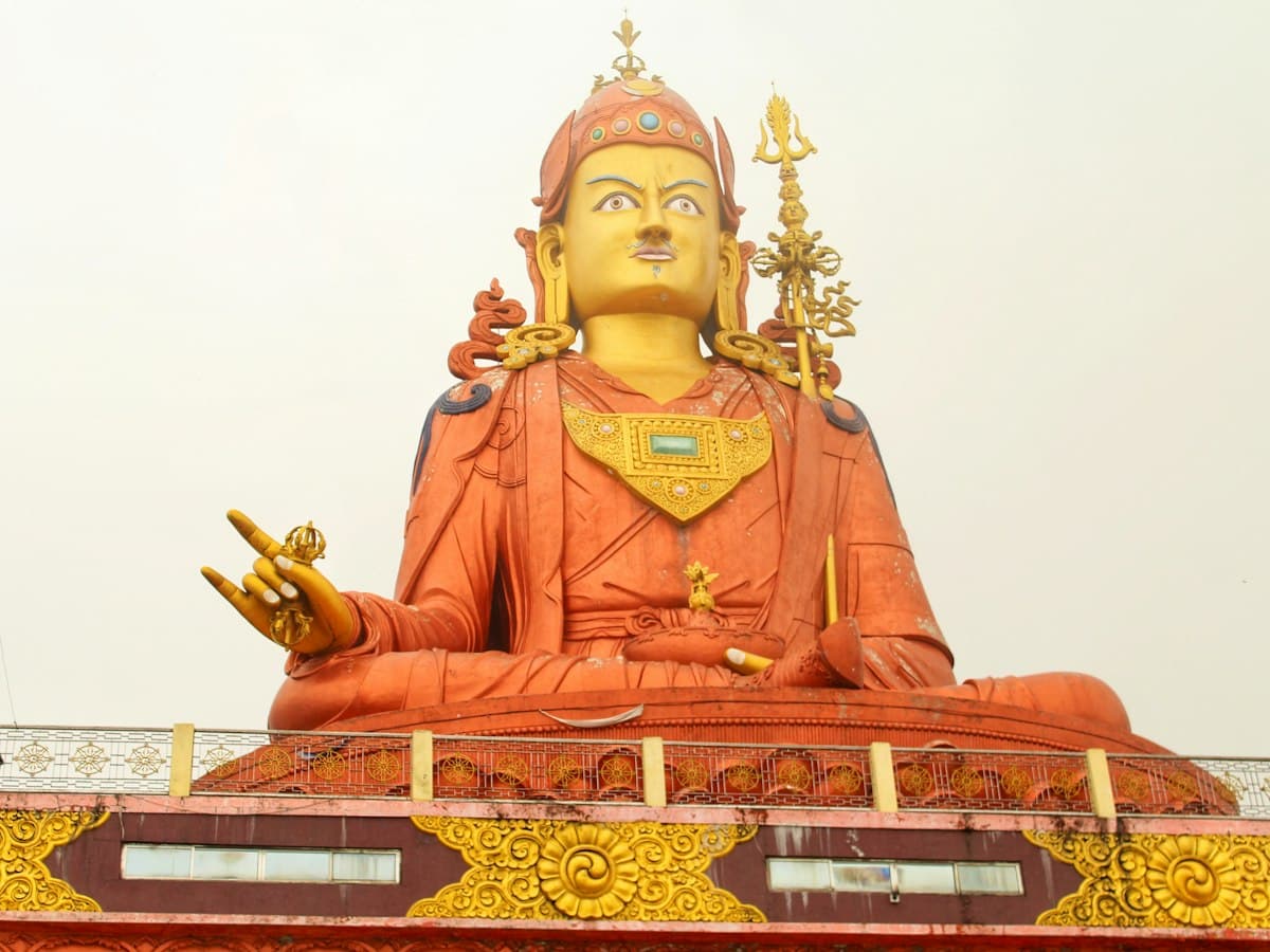 The gold and crimson Guru Padmasambhava statue on Samdruptse Hill near Namchi, South Sikkim.