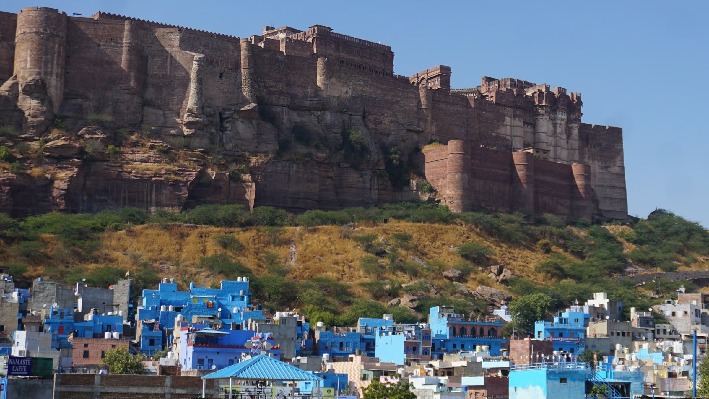 Mehrangarh Fort rises on a rocky hilltop above the city of Jodhpur, Rajasthan.