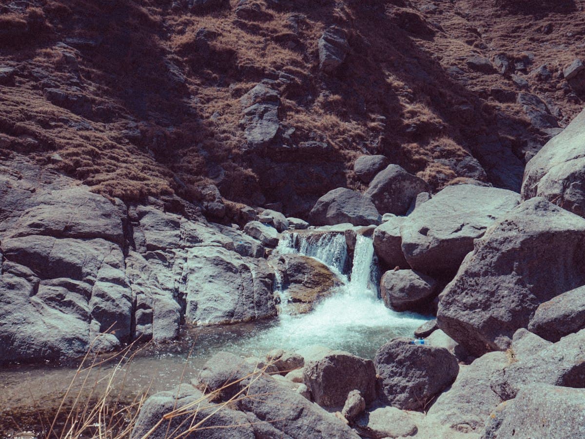 Water cascades over dark rock in a forested mountain landscape, like Bhagsu Waterfall near McLeodganj.