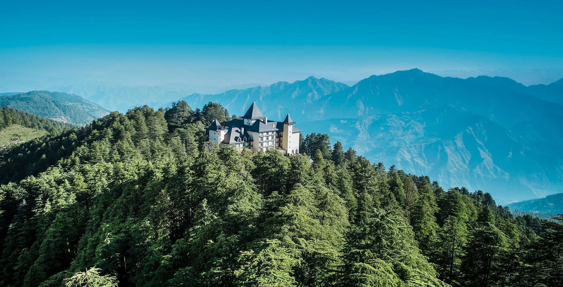The resort exterior and gardens of Wildflower Hall in Chharabra near Shimla.