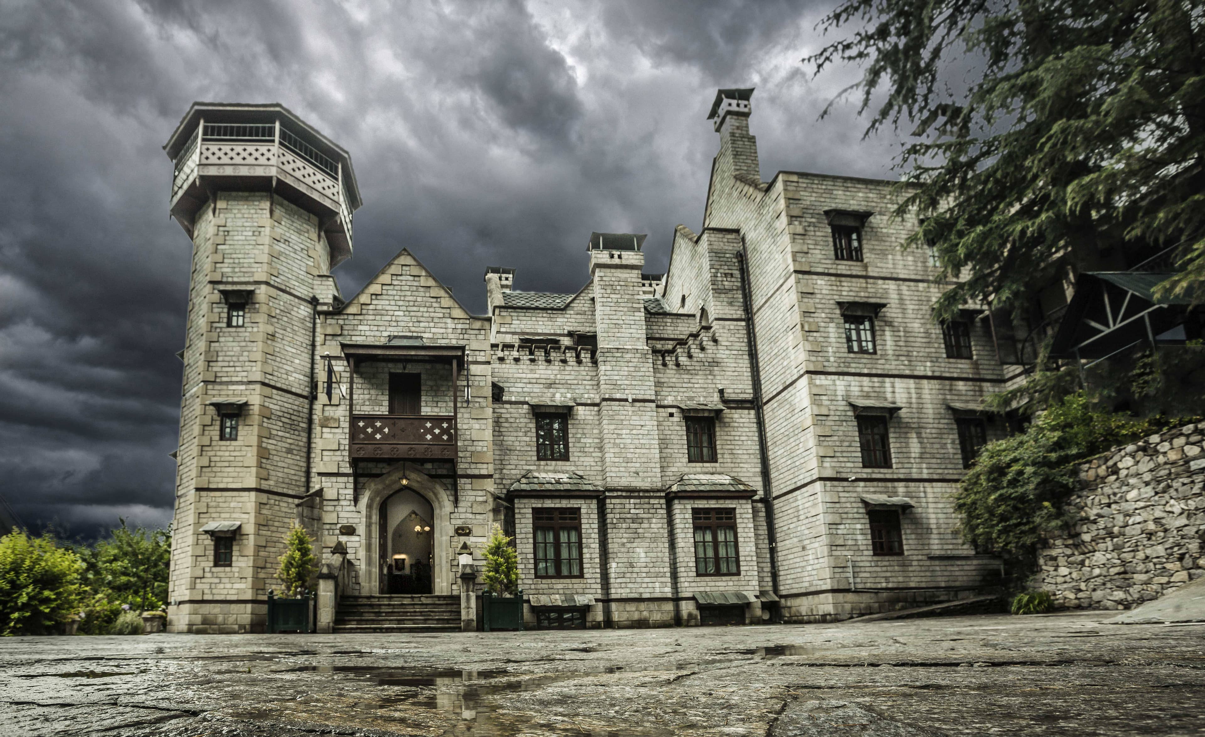 The Victorian Gothic Revival castle facade of The Himalayan, Manali.