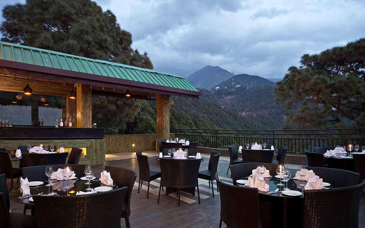 The terrace of Fortune Park Moksha overlooking the Dhauladhar range, McLeodganj.