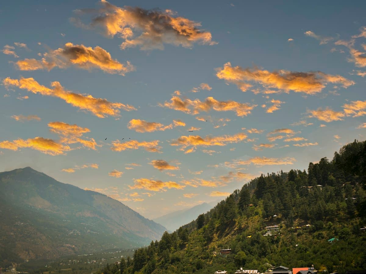 A wooded hillside above the Kullu valley with layered ridges and mountains behind.