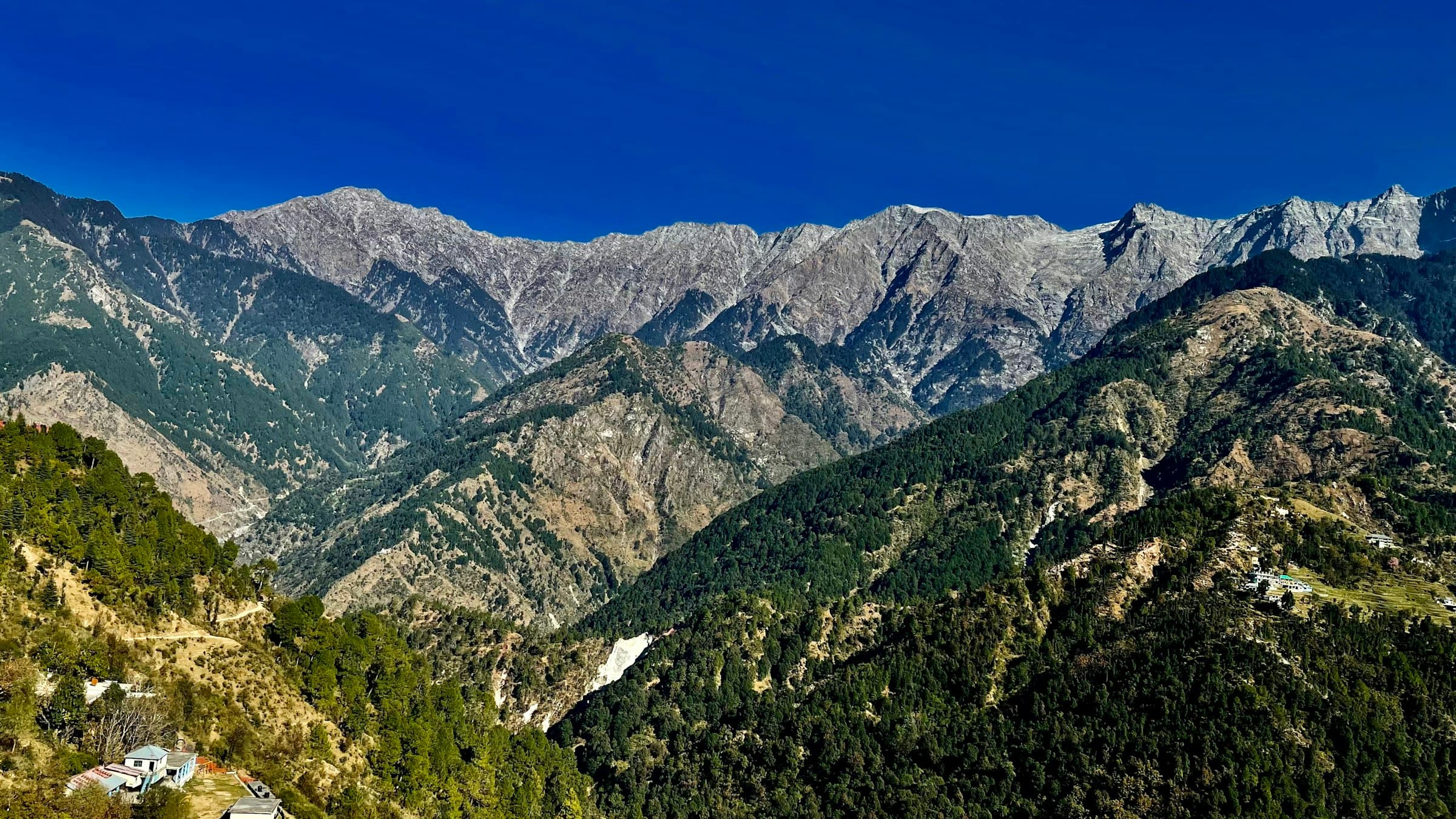 A snow-topped mountain range rises above forested foothills with houses scattered below.