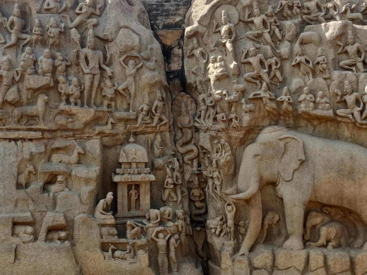 Detail of the giant Descent of the Ganges / Arjuna's Penance bas-relief carved into the rock at Mahabalipuram.
