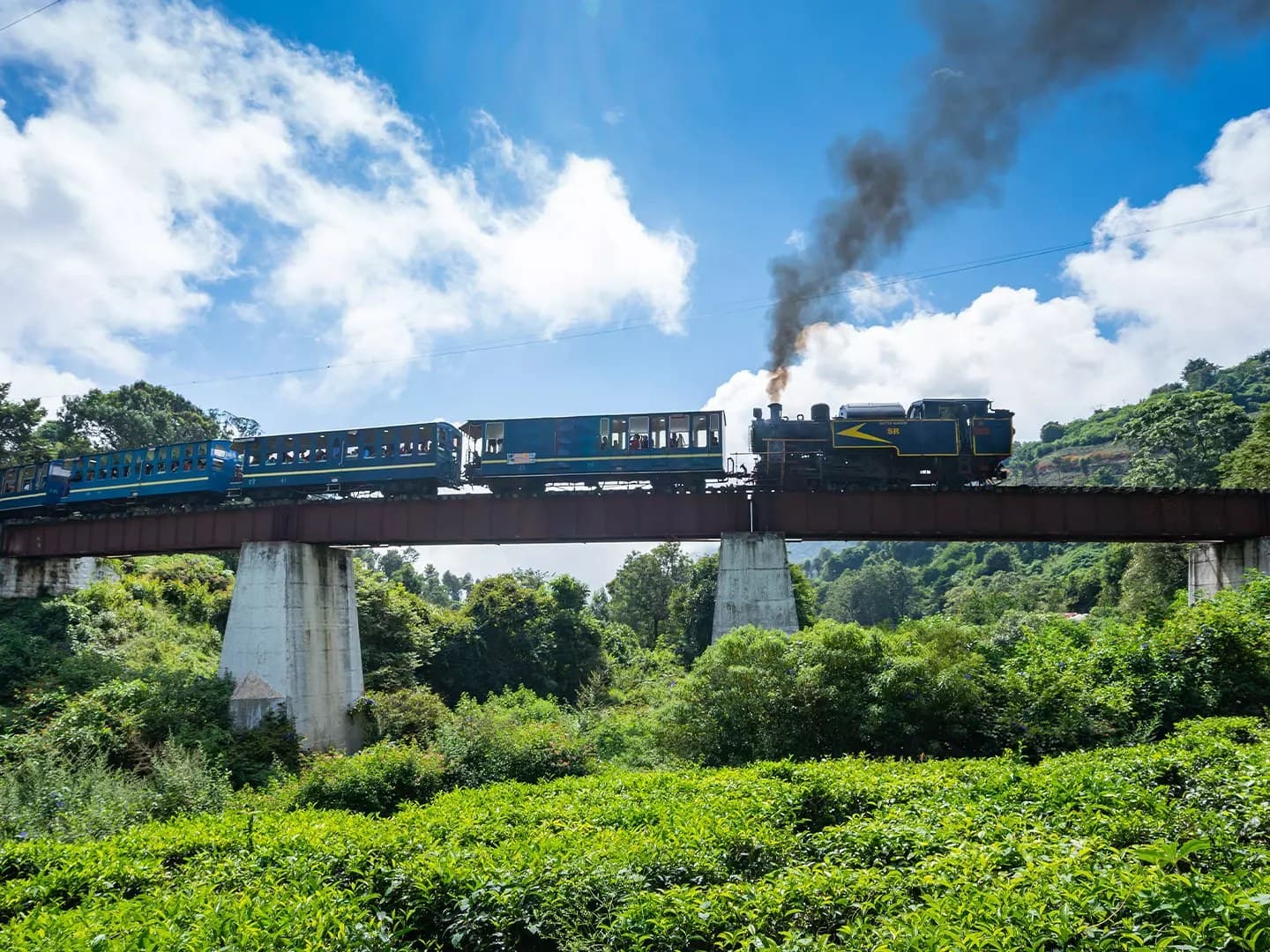 The blue Nilgiri Mountain Railway train with a Southern Railway steam locomotive crossing a girder viaduct through forested tea hills.