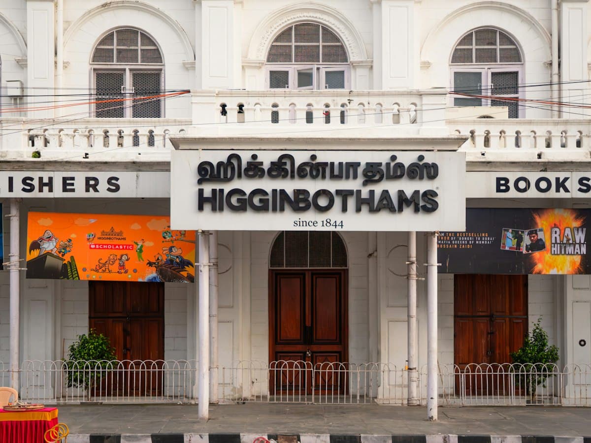 The colonial-era Higginbothams bookshop building on Anna Salai in central Chennai.