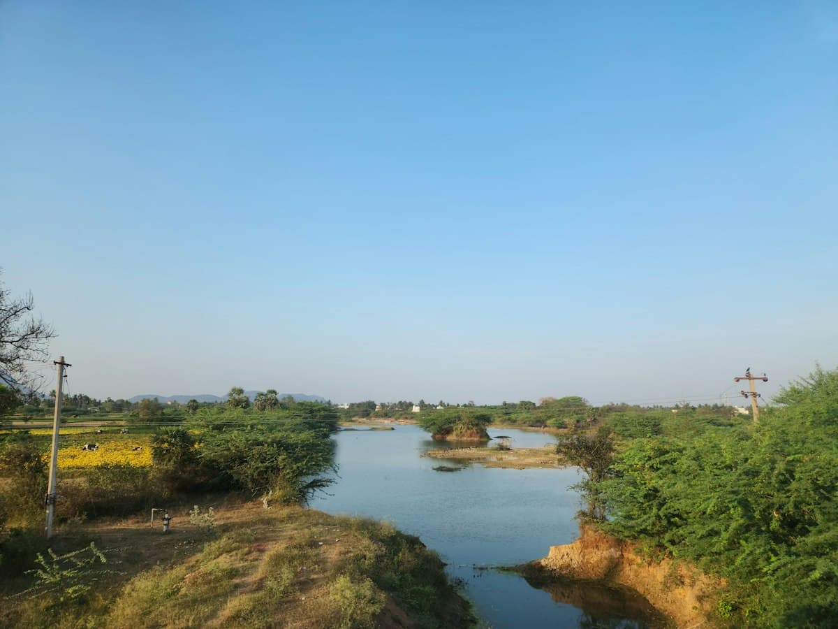 A river winds through green rural countryside near a Tamil Nadu village.