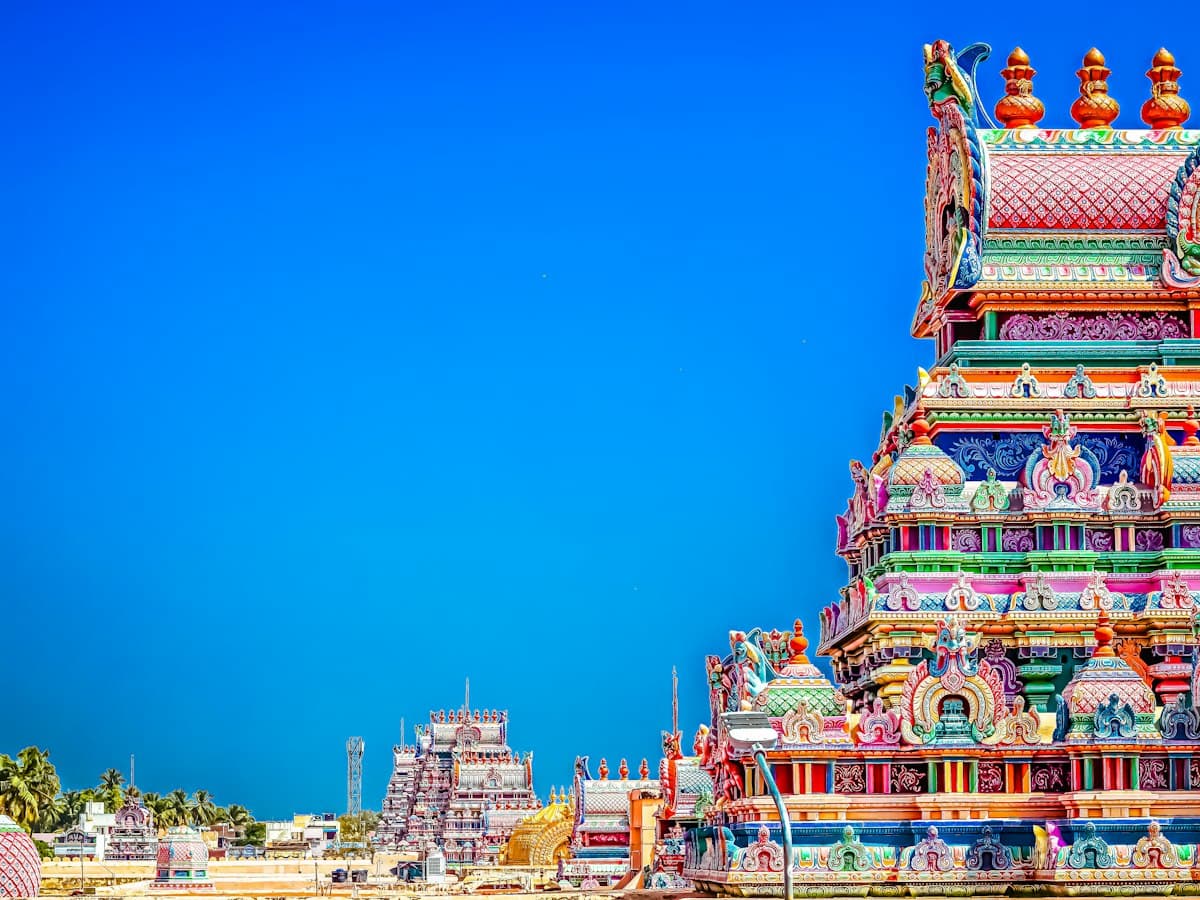 The brightly painted tiered gopuram of the Ranganathaswamy temple at Srirangam near Trichy.