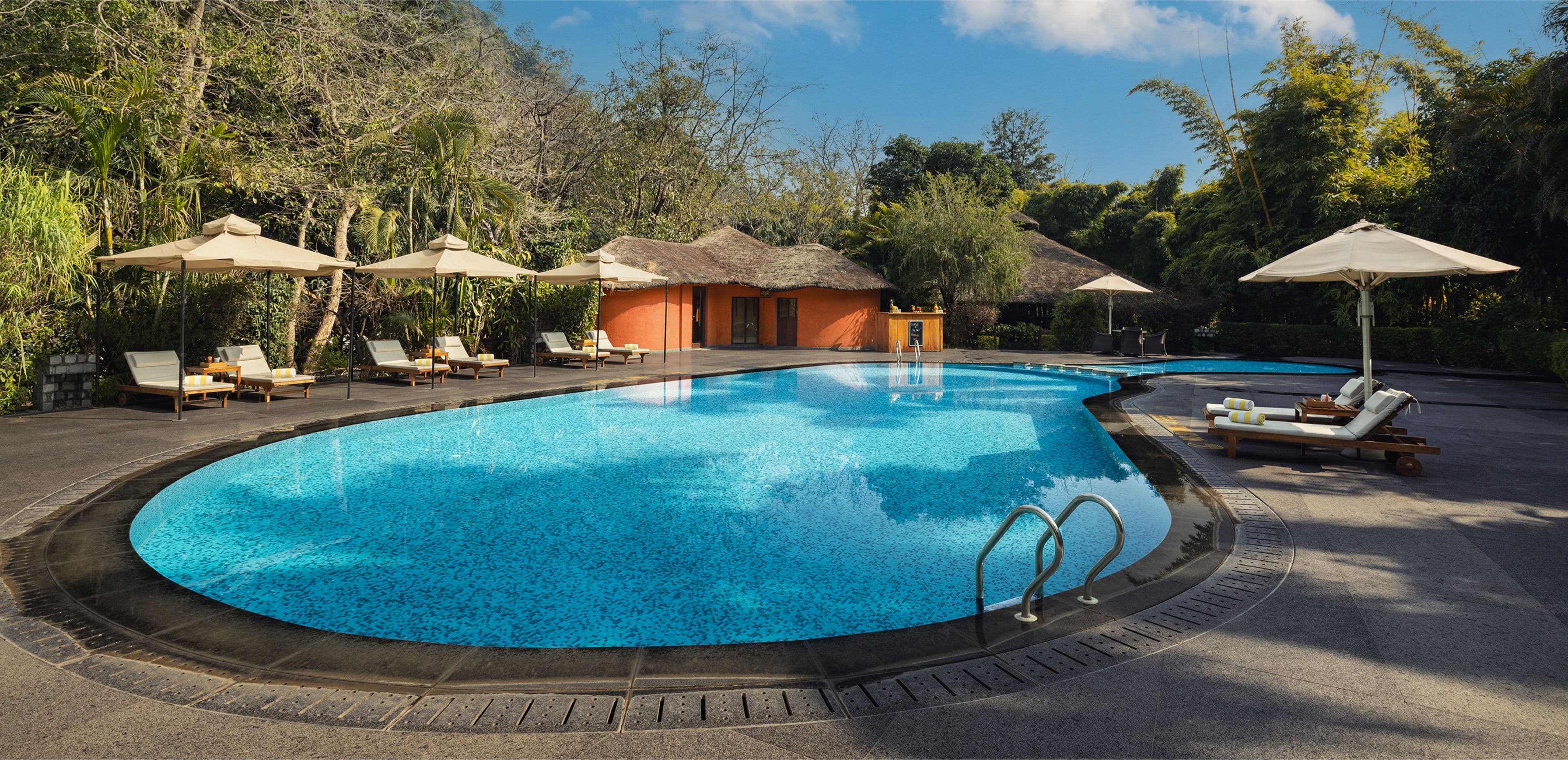 Taj Corbett Resort & Spa curved outdoor swimming pool with thatched-roof pool bar and sun loungers under umbrellas