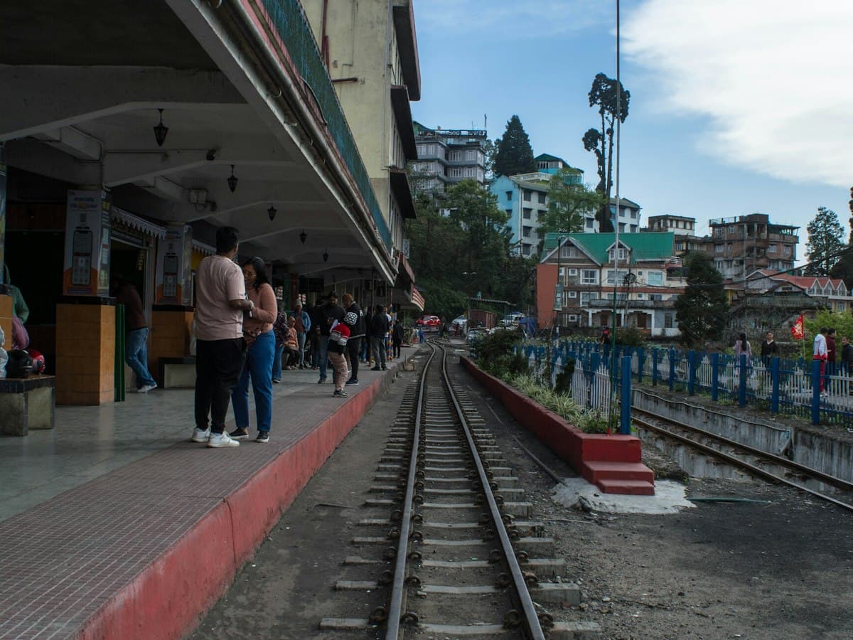 Passengers on the narrow-gauge platform at Darjeeling railway station on the Darjeeling Himalayan Railway