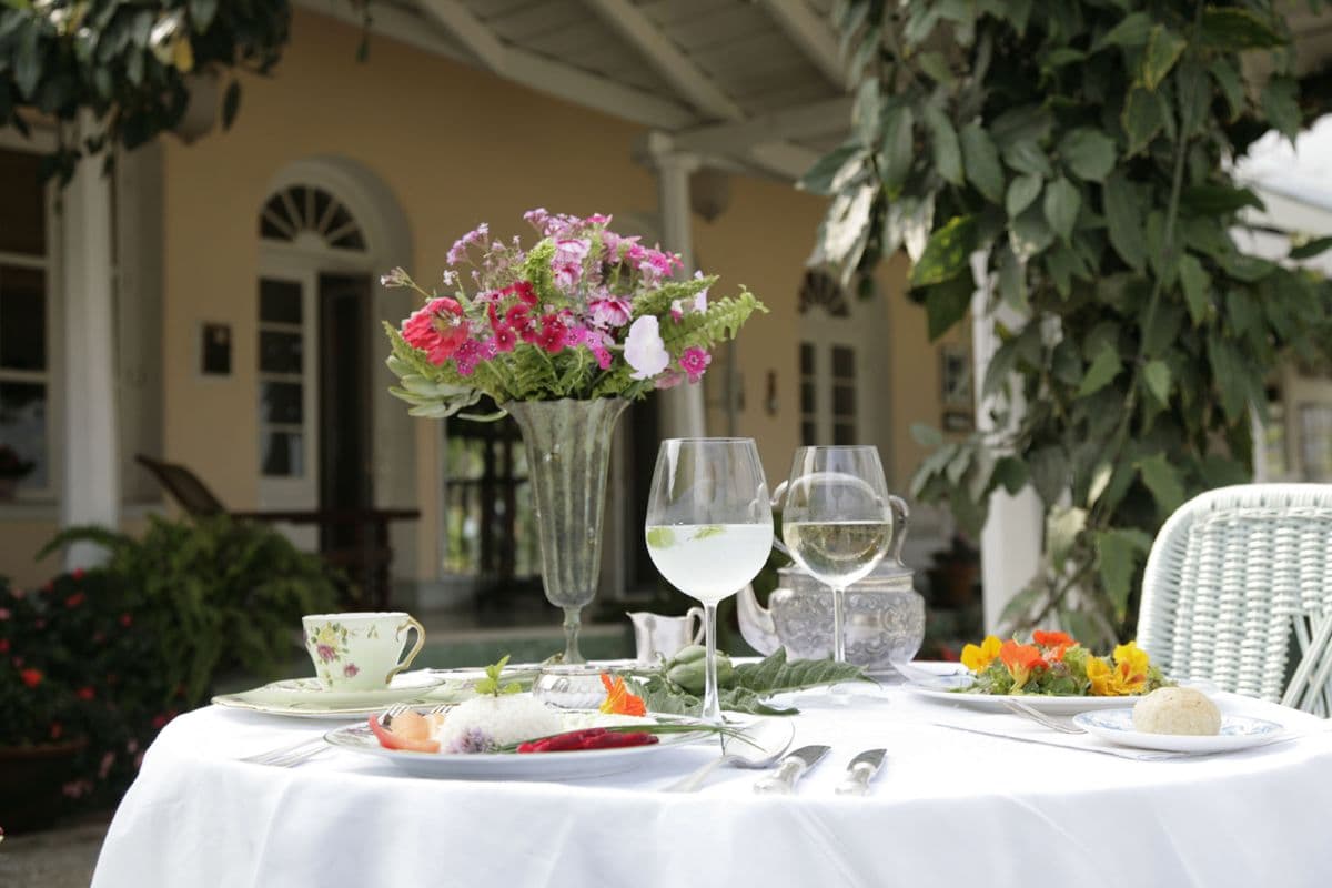 Outdoor dining table set for a meal on the lawn at Glenburn Tea Estate with the yellow colonial bungalow facade in the background