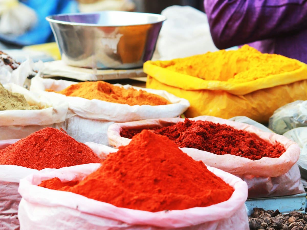 Colourful heaps of Goan spices on display