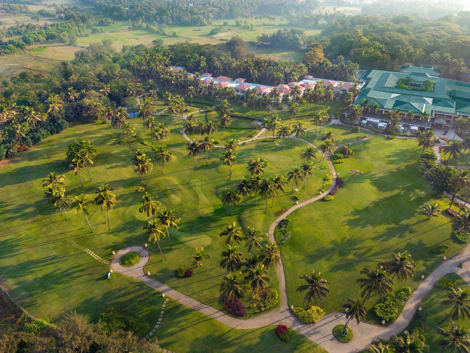 Aerial view of Taj Exotica Resort & Spa, Benaulim, with its villas and the Arabian Sea beach