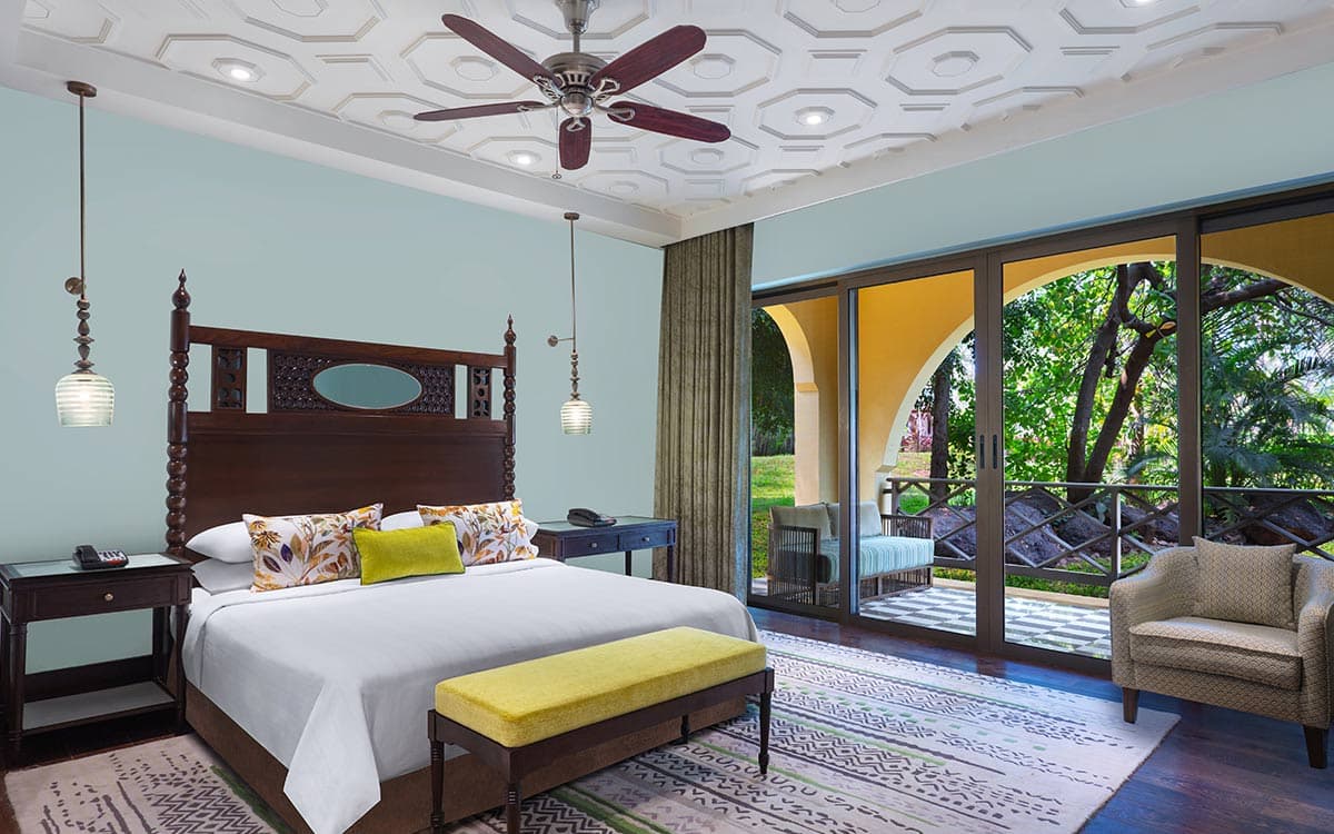 Garden View Premium Room with king bed and sliding doors to the balcony at ITC Grand Goa