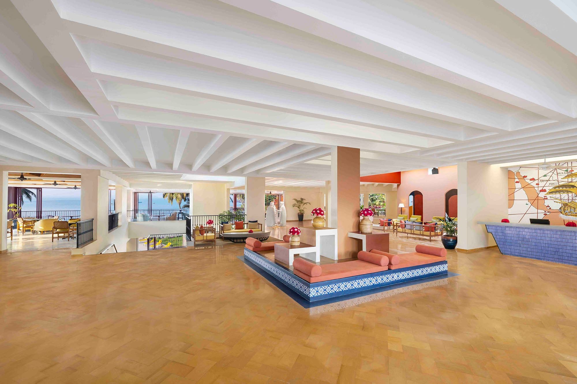 Grand lobby with sea views and Portuguese-inspired tilework at Taj Cidade de Goa Heritage