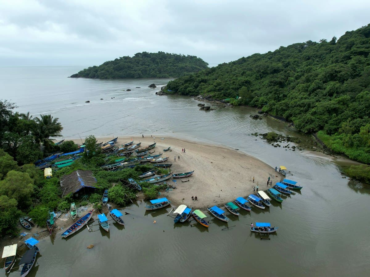 Colourful fishing boats in the backwaters at Palolem Beach, South Goa