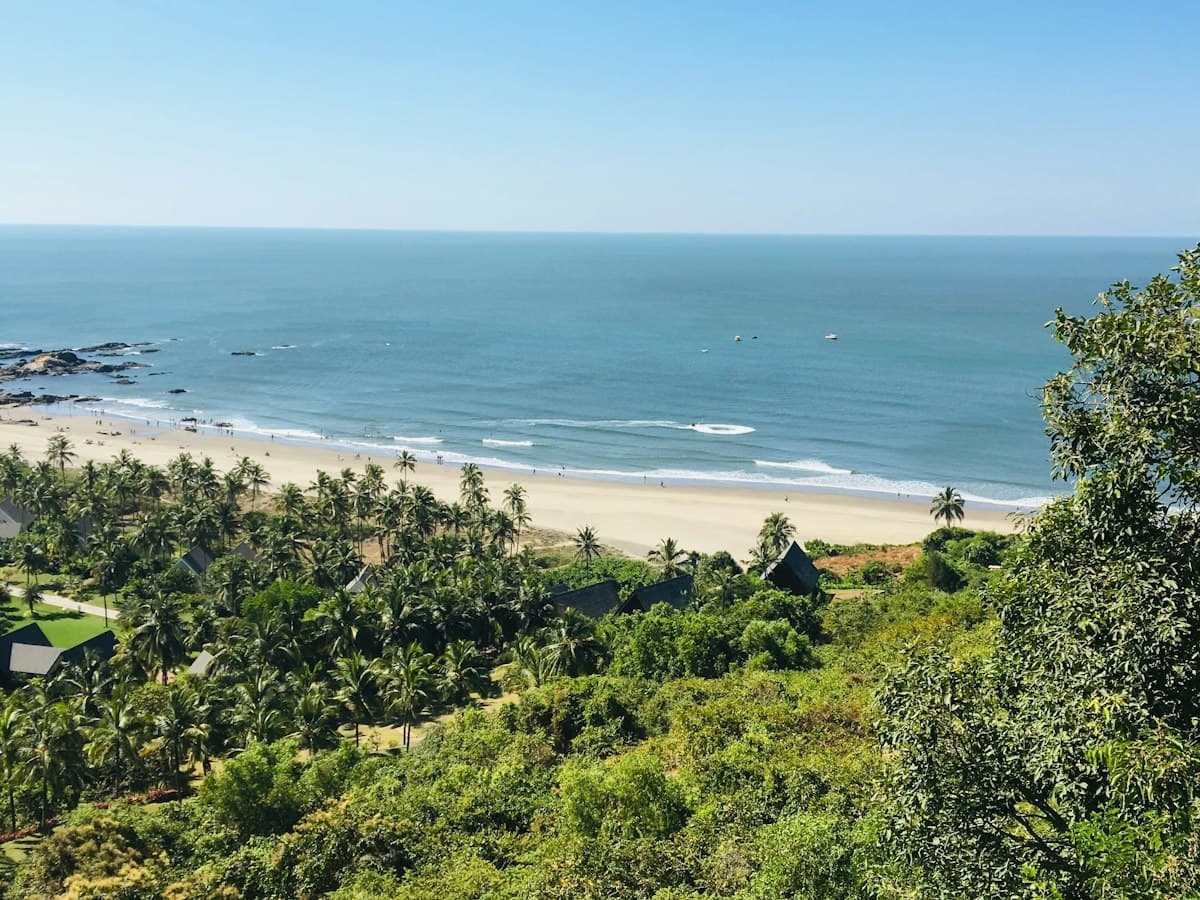 Green headland and sea at Vagator Beach, North Goa