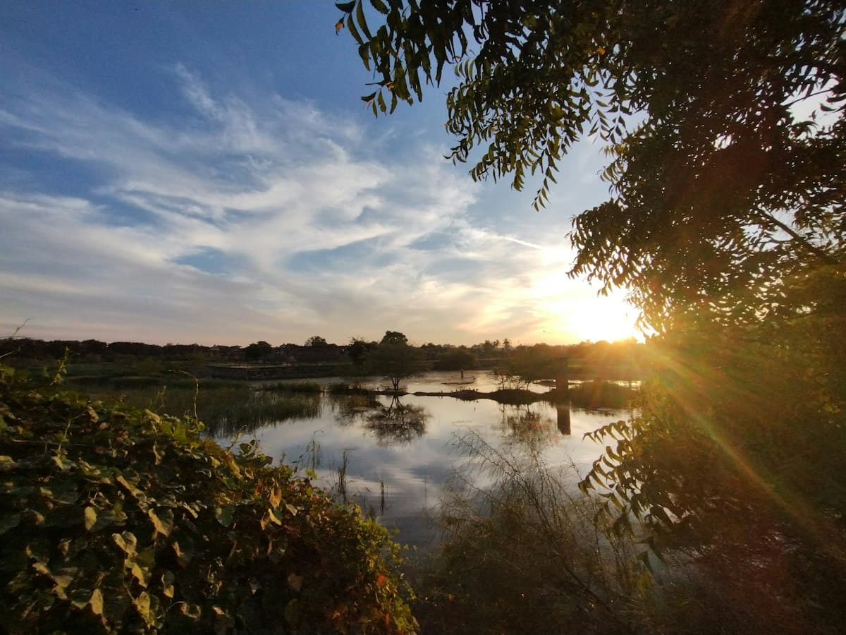 Late-afternoon sun over the still water and trees of a lake at Bhuj, Kutch, Gujarat