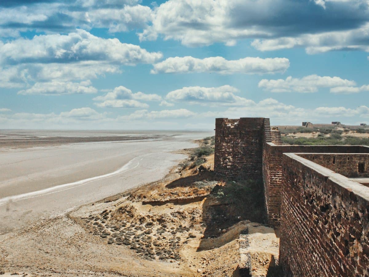 Brick ramparts of Lakhpat Fort overlooking the Rann creek at Lakhpat, Kutch, Gujarat.