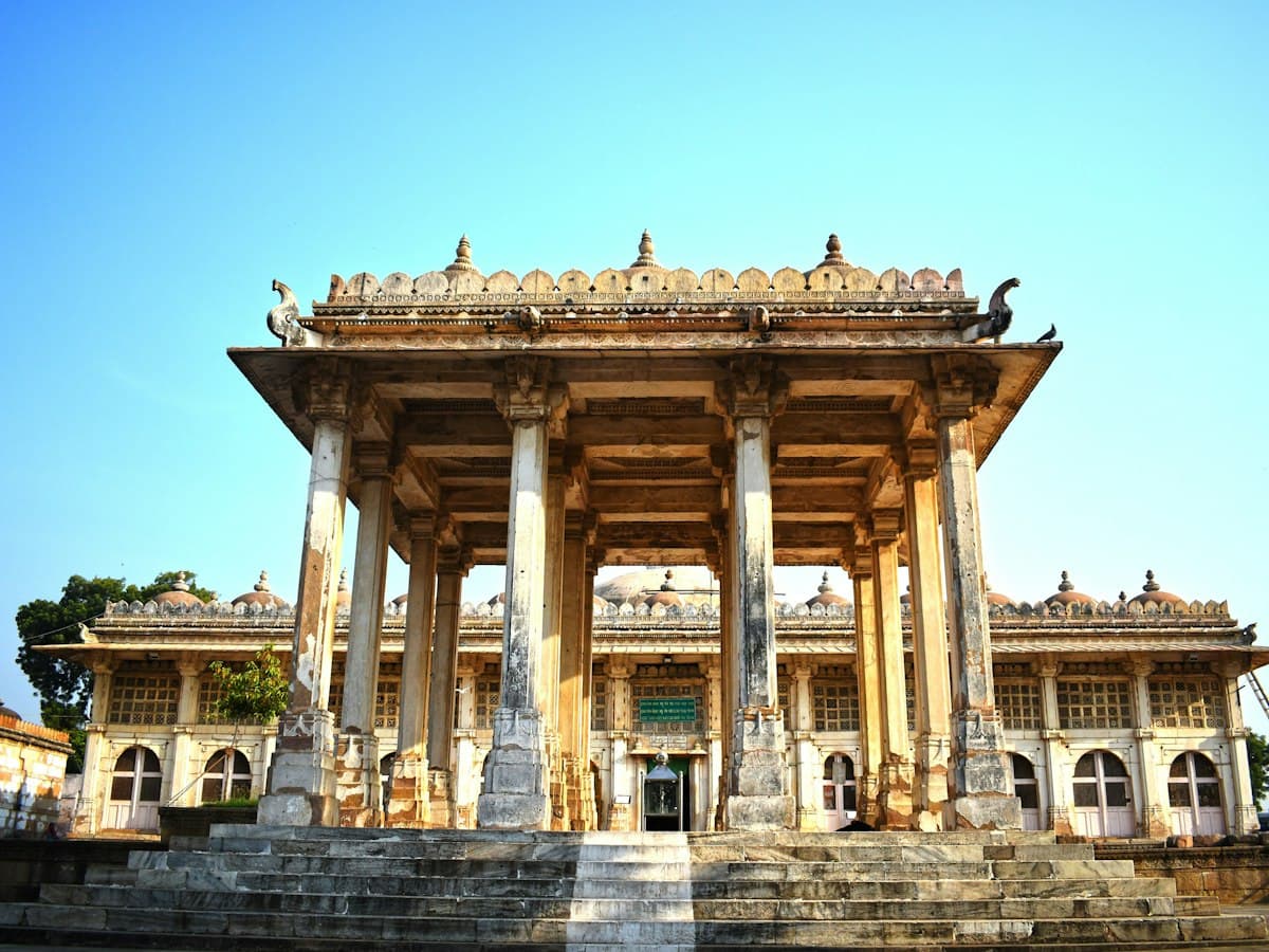 Colonnaded tomb pavilion at Sarkhej Roza, the mosque and tomb complex outside Ahmedabad, Gujarat.