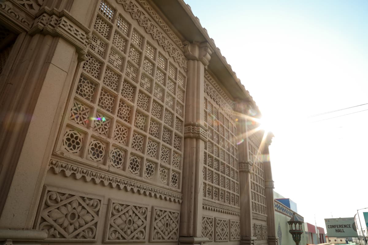 Carved sandstone jali facade at Rann Utsav Tent City in Dhordo, Kutch