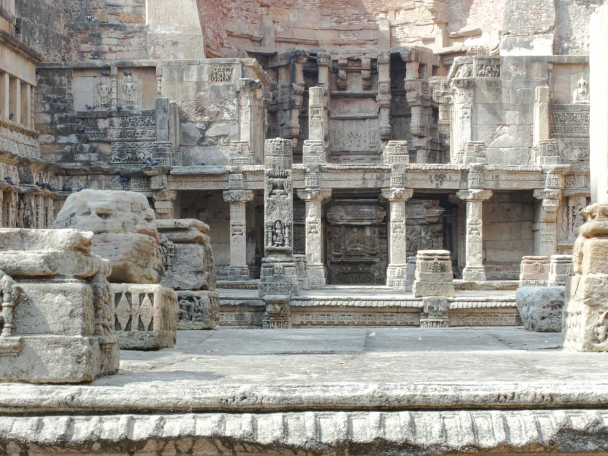 Carved stone galleries and pillars inside Rani ki Vav stepwell in Patan, Gujarat