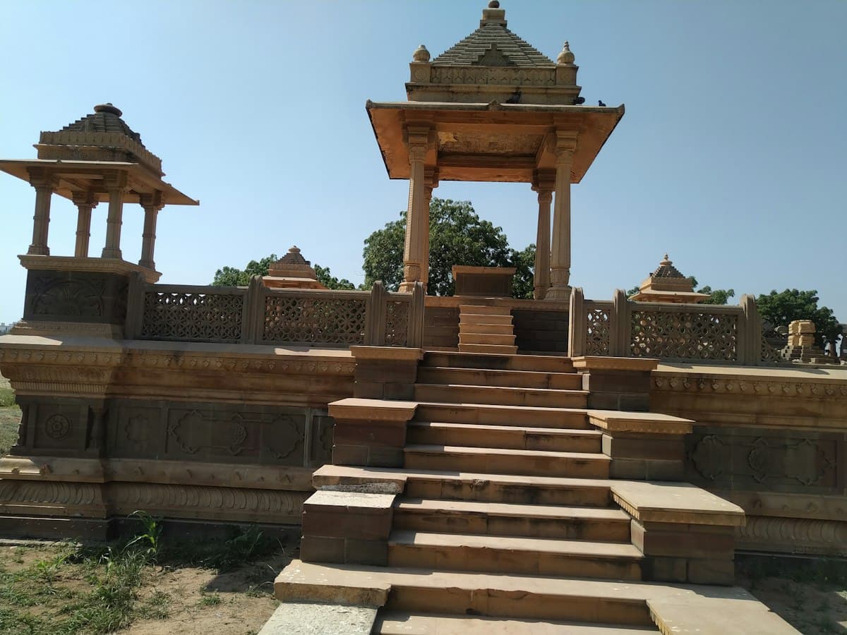 Sandstone chhatri cenotaph with a flight of steps near Hamirsar Lake, Bhuj, Kutch, Gujarat
