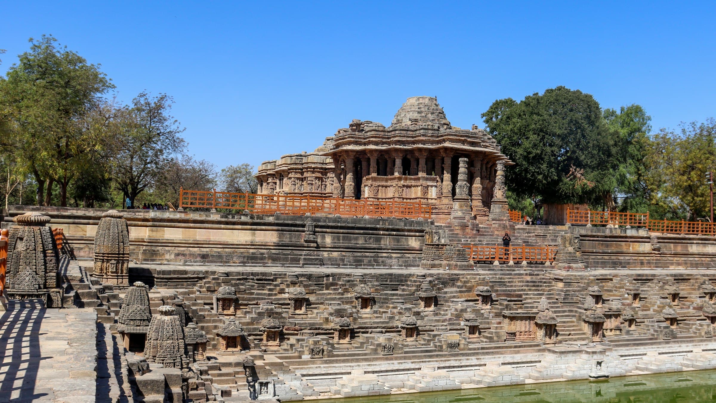 The Sun Temple and its stepped tank at Modhera, Gujarat, on a clear sunny day