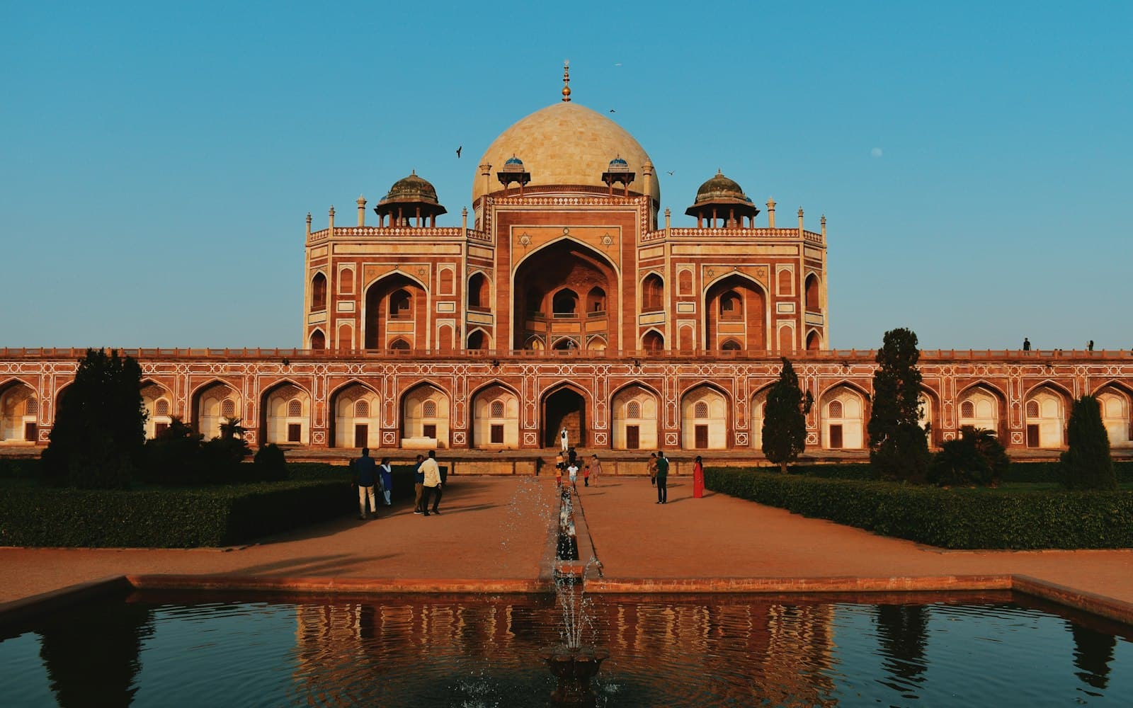 Humayun's Tomb seen across a fountain and water channel of its charbagh garden, Delhi