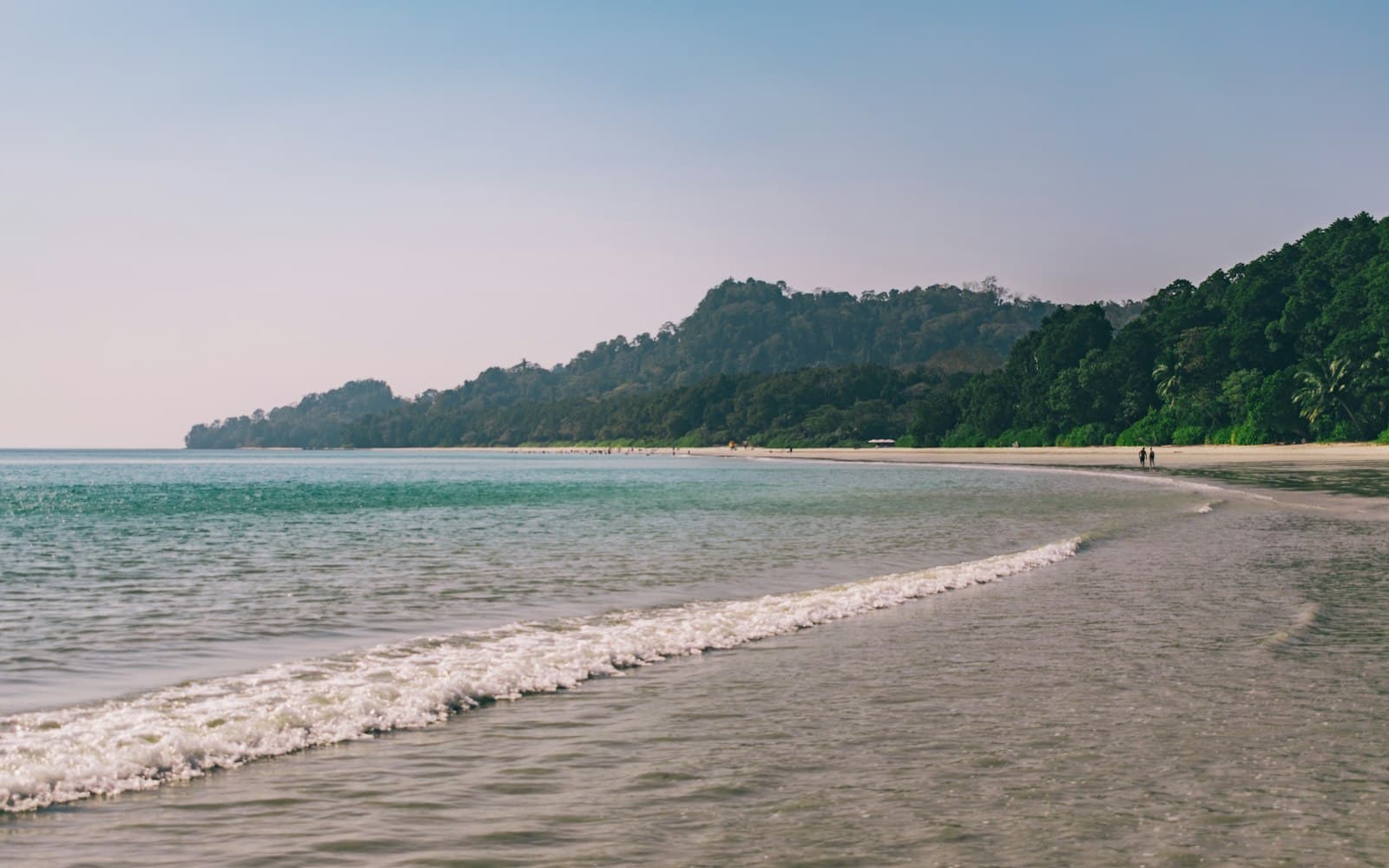 Radhanagar Beach on Havelock Island curving towards forested headland, Andaman Islands
