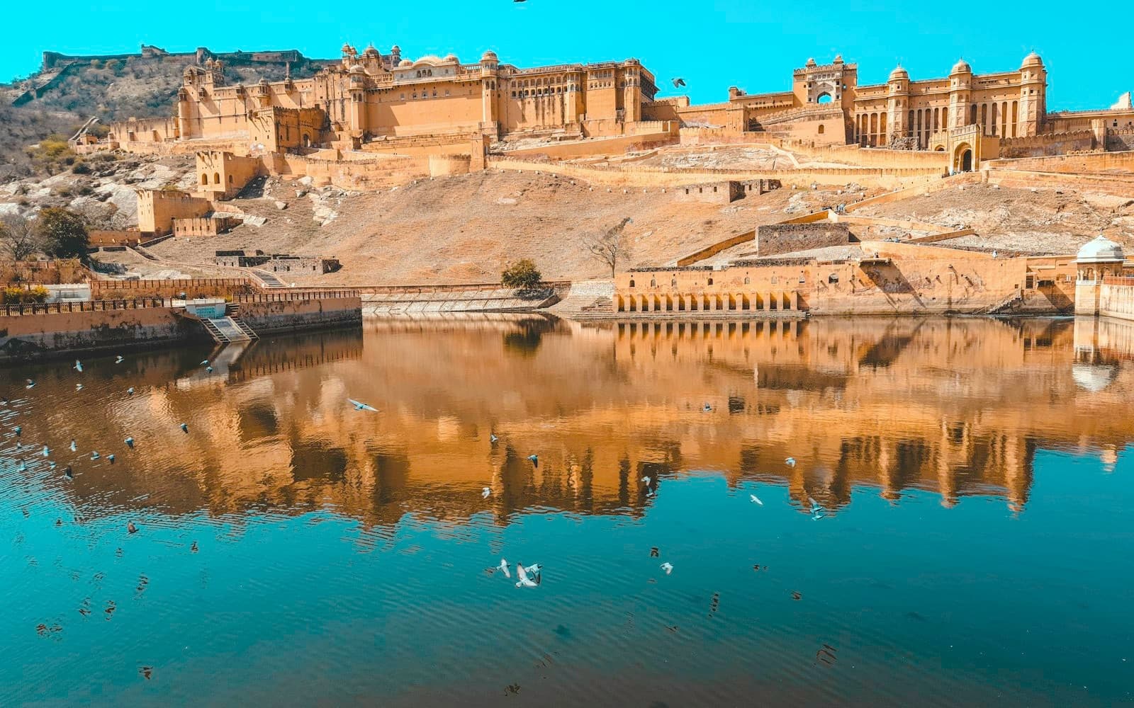 Amber Fort reflected in Maota Lake, Jaipur