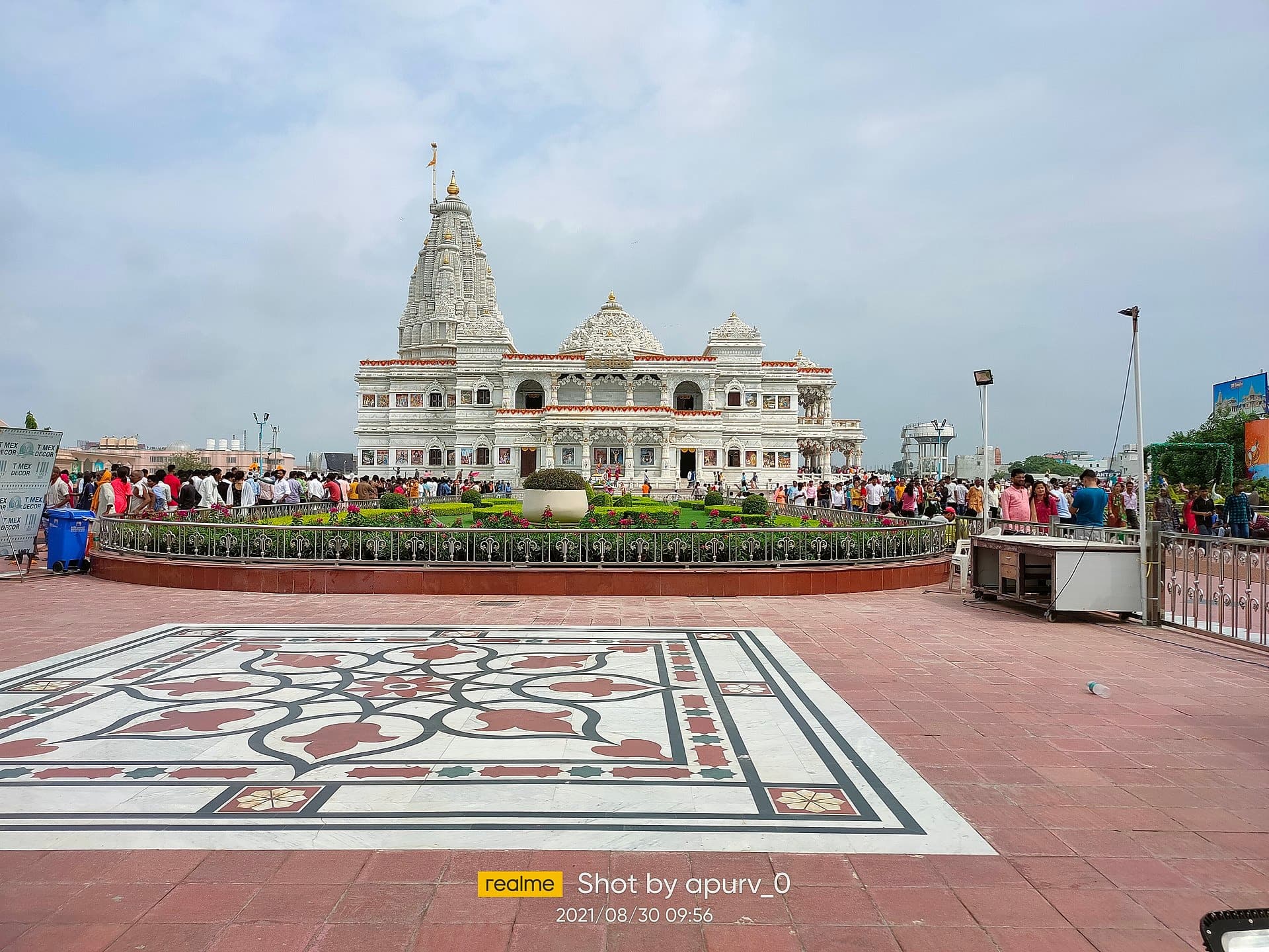 Prem Mandir in Vrindavan seen across its marble plaza