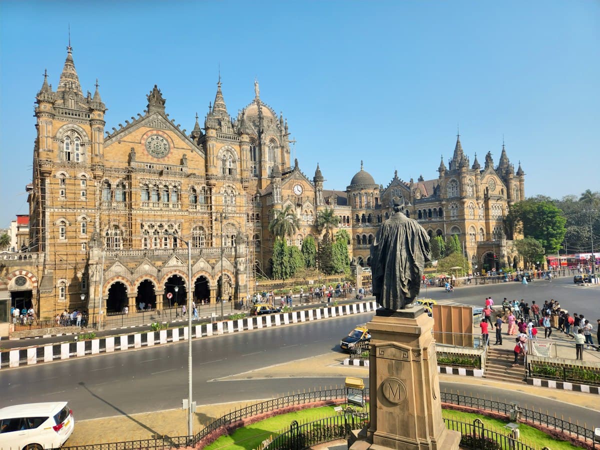 The ornate Victorian Gothic facade of Chhatrapati Shivaji Maharaj Terminus in Fort, Mumbai