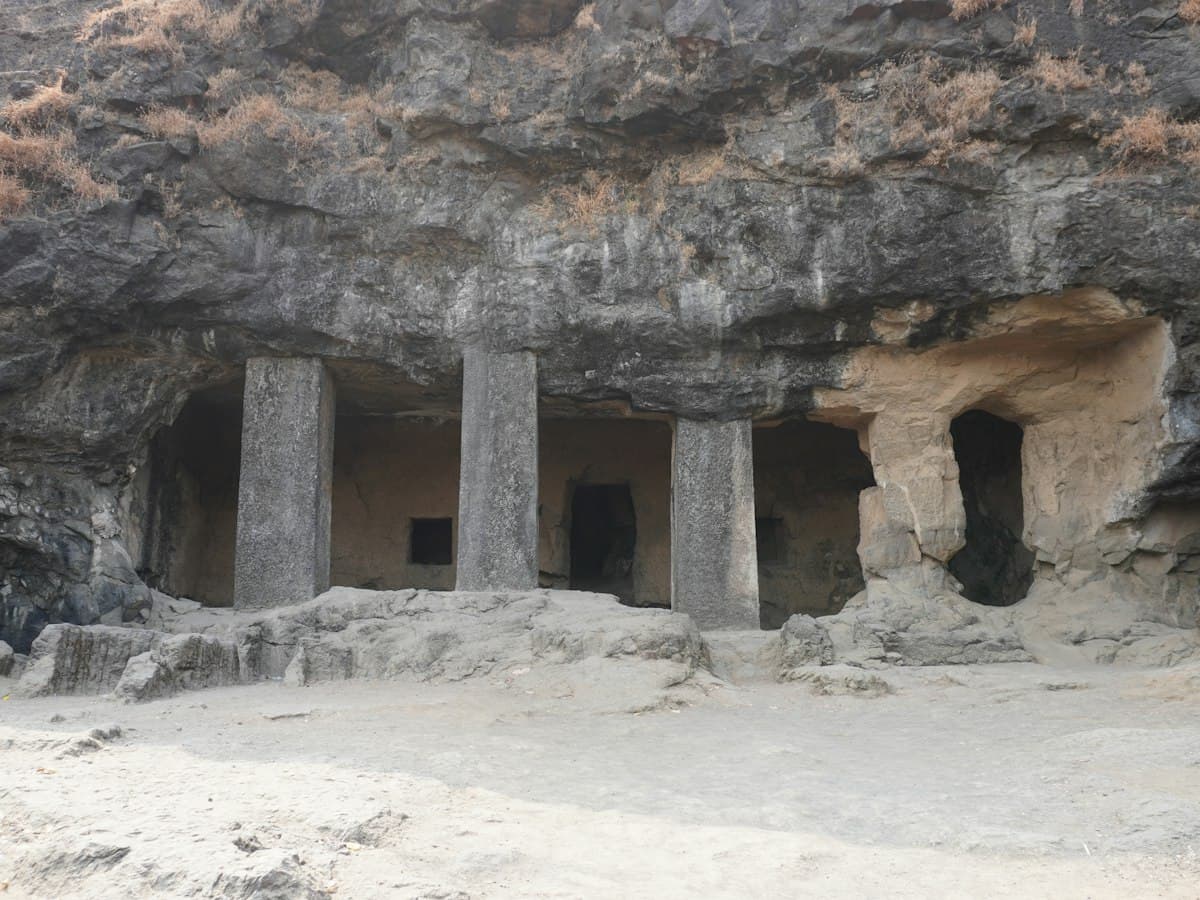 Rock-cut cave columns at the Elephanta Caves on Gharapuri island, Maharashtra