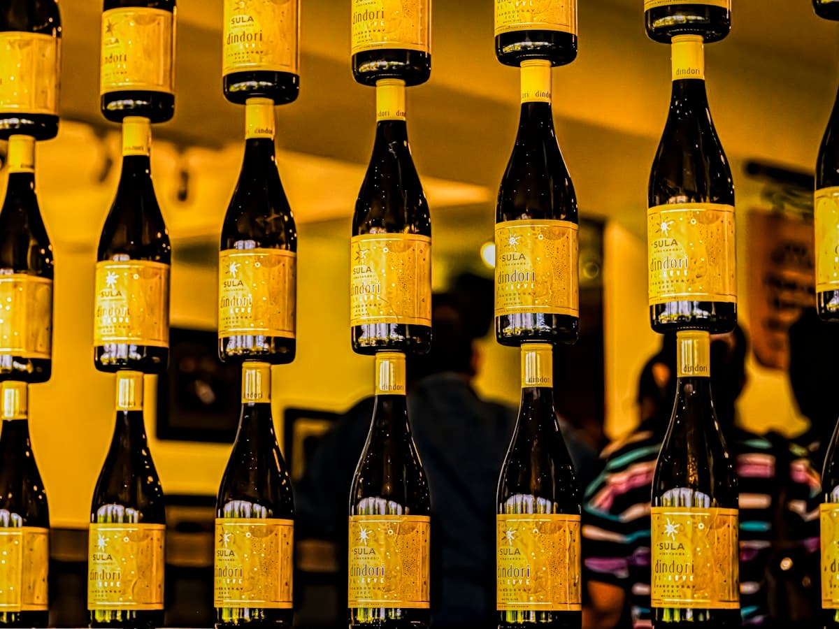 A group of wine bottles from the Nashik wine region, Maharashtra