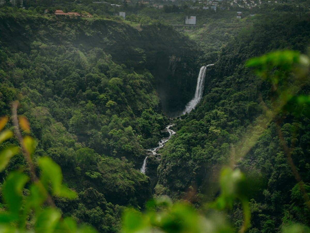 A lush green valley with a waterfall in the distance near Lonavala, Maharashtra
