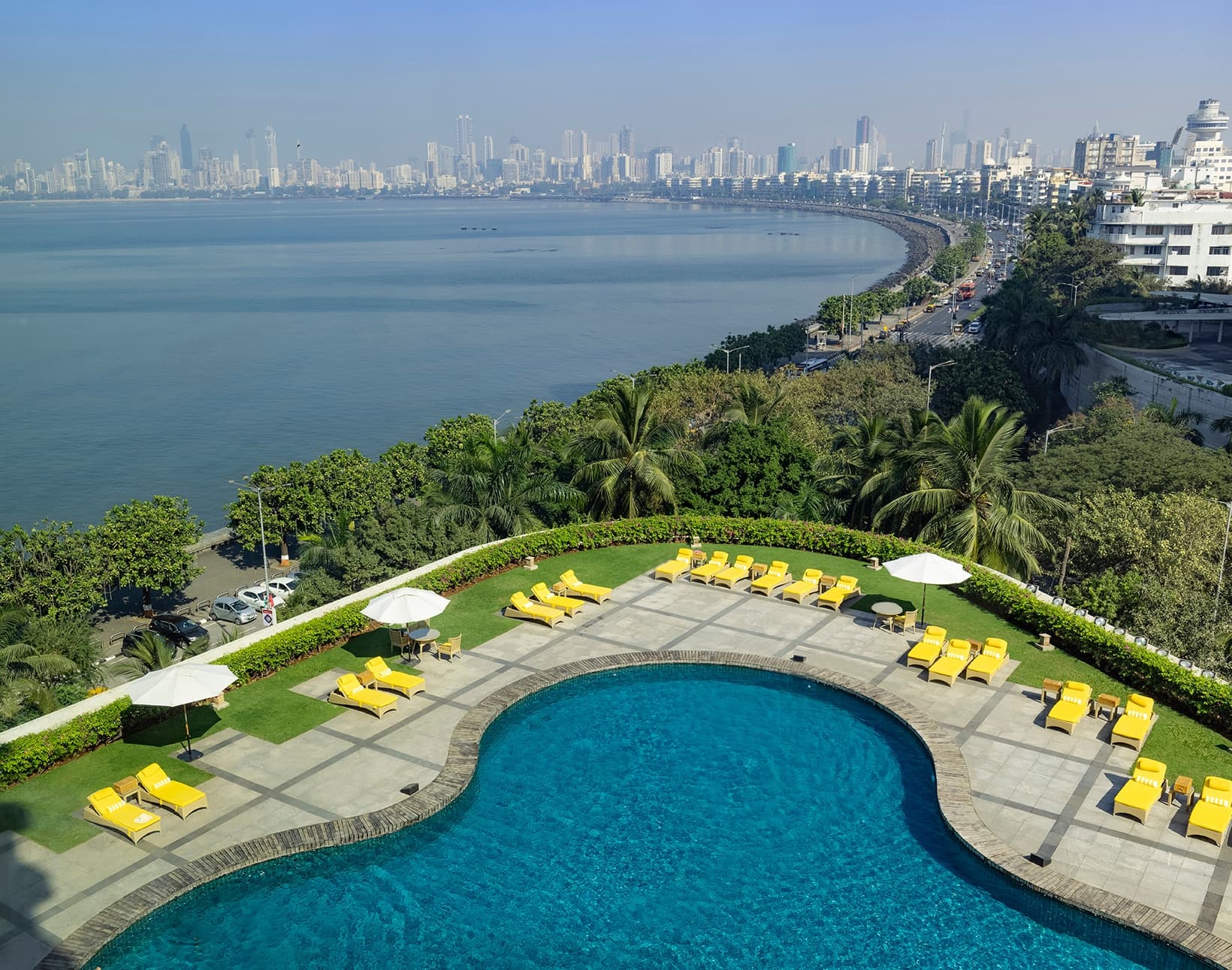 Aerial view of the Trident, Nariman Point pool and lawn above the Marine Drive shoreline