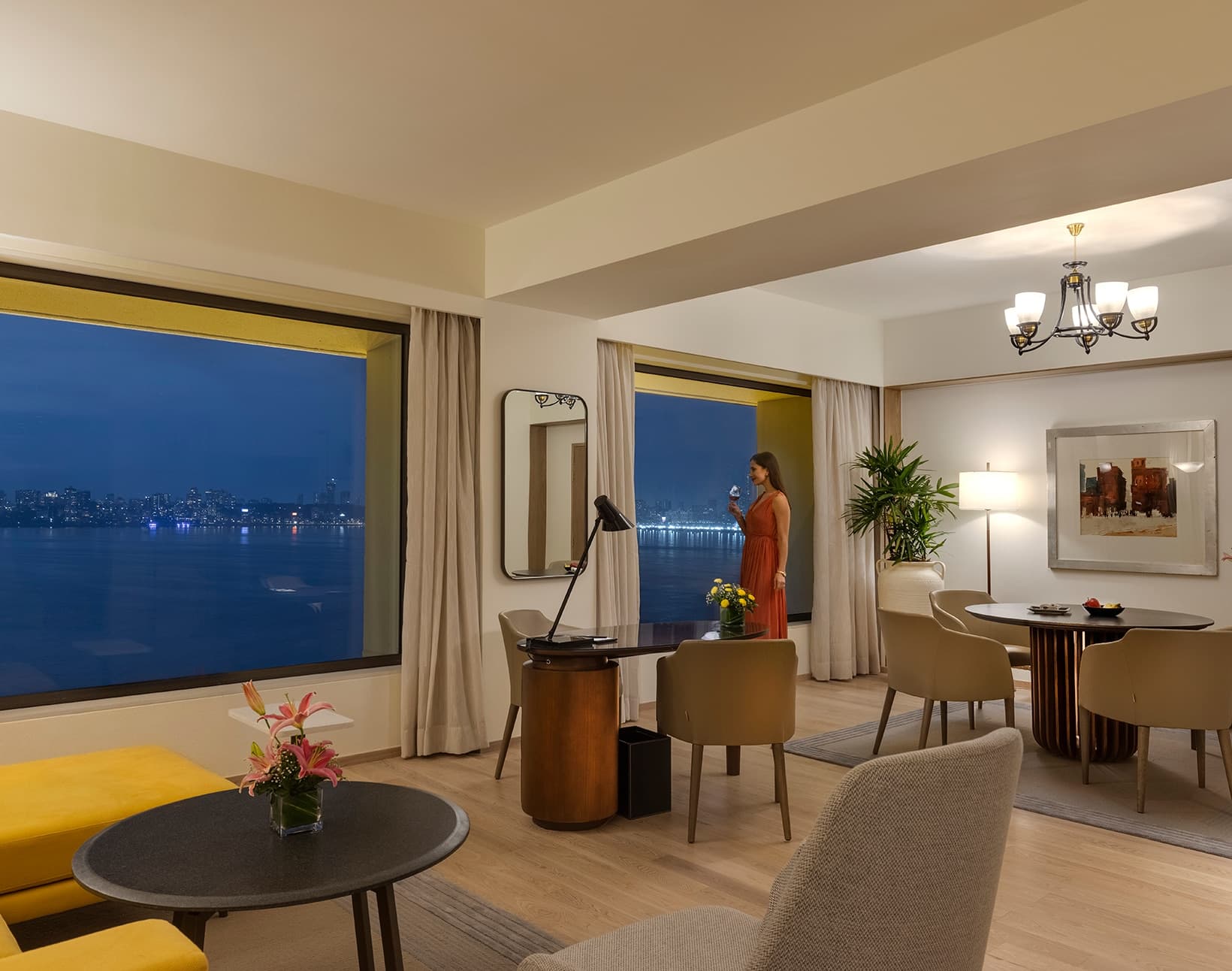 Deluxe Ocean View Suite living and dining area facing the sea at Trident, Nariman Point