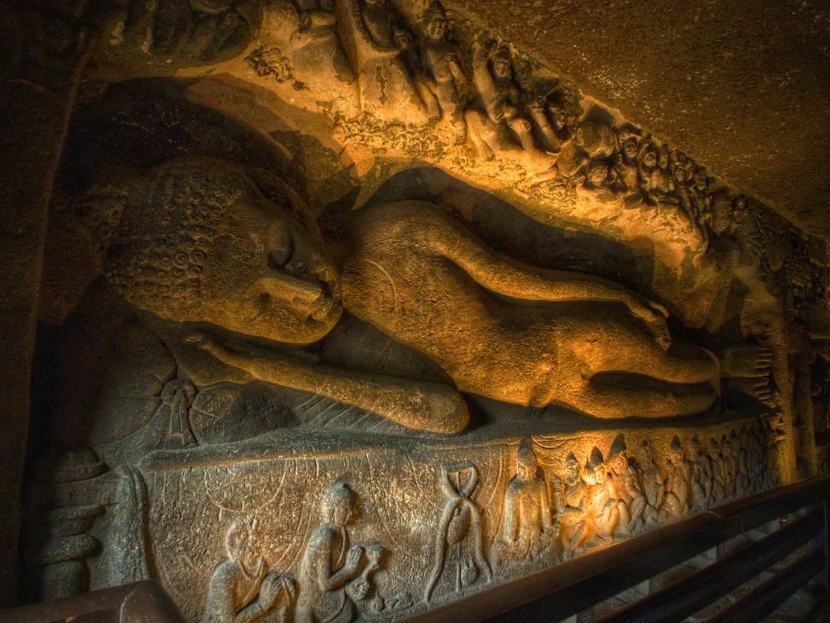 Reclining Buddha sculpture inside the Ajanta Caves, Maharashtra