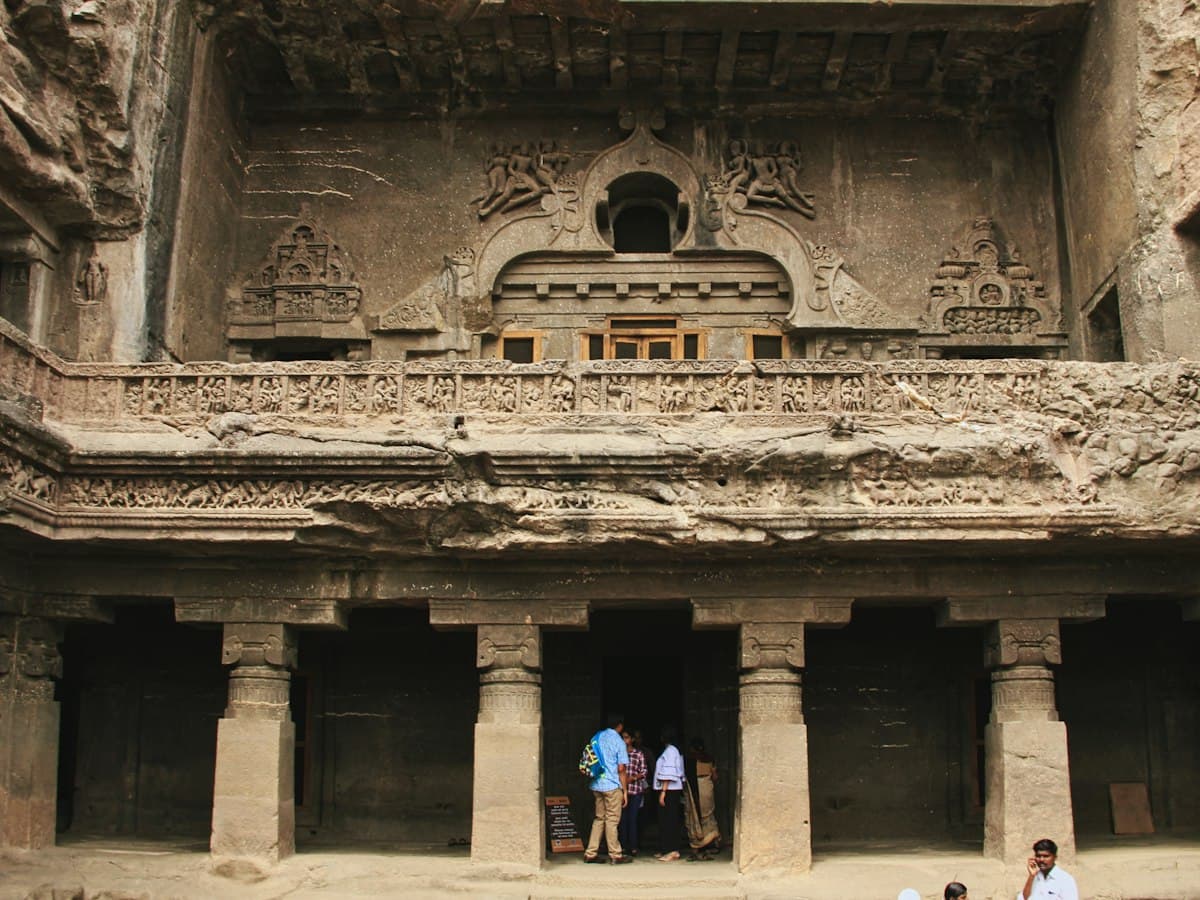 Carved stone entrance to a cave temple at the Ellora Caves, Maharashtra