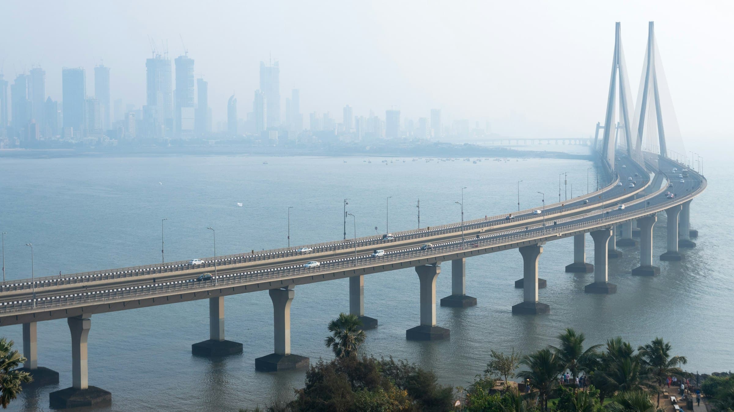 Bandra-Worli Sea Link bridge spanning the water toward the Mumbai skyline