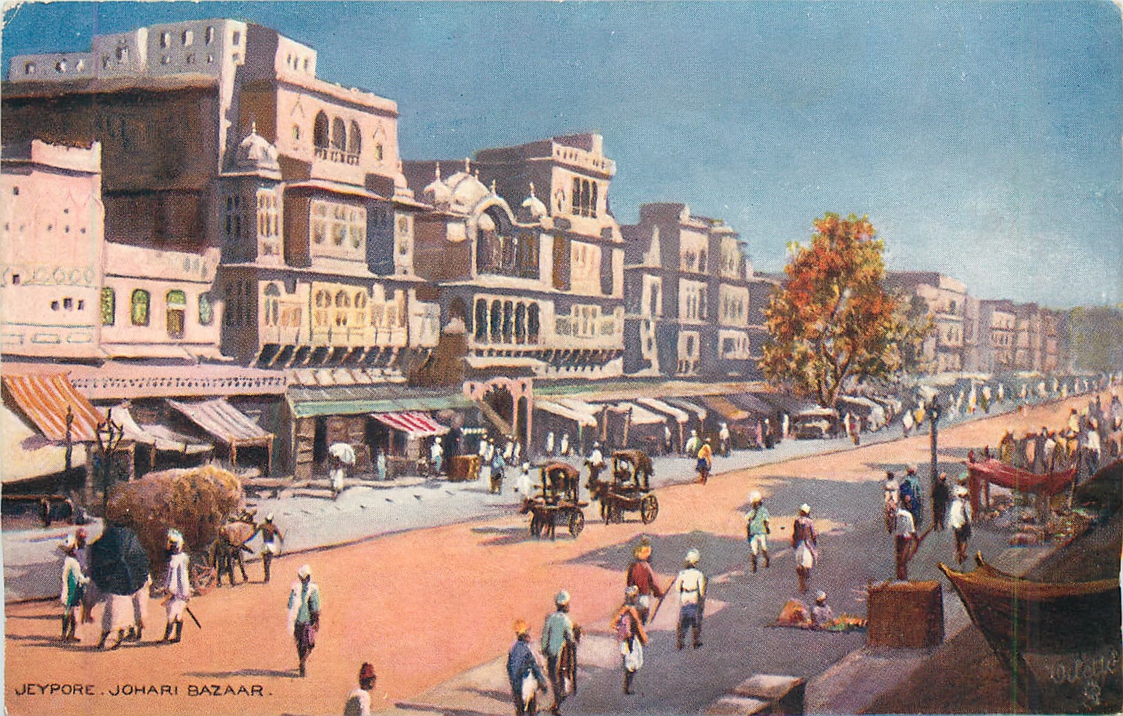 Old coloured postcard of Johari Bazaar, Jaipur, with carts and shopfronts