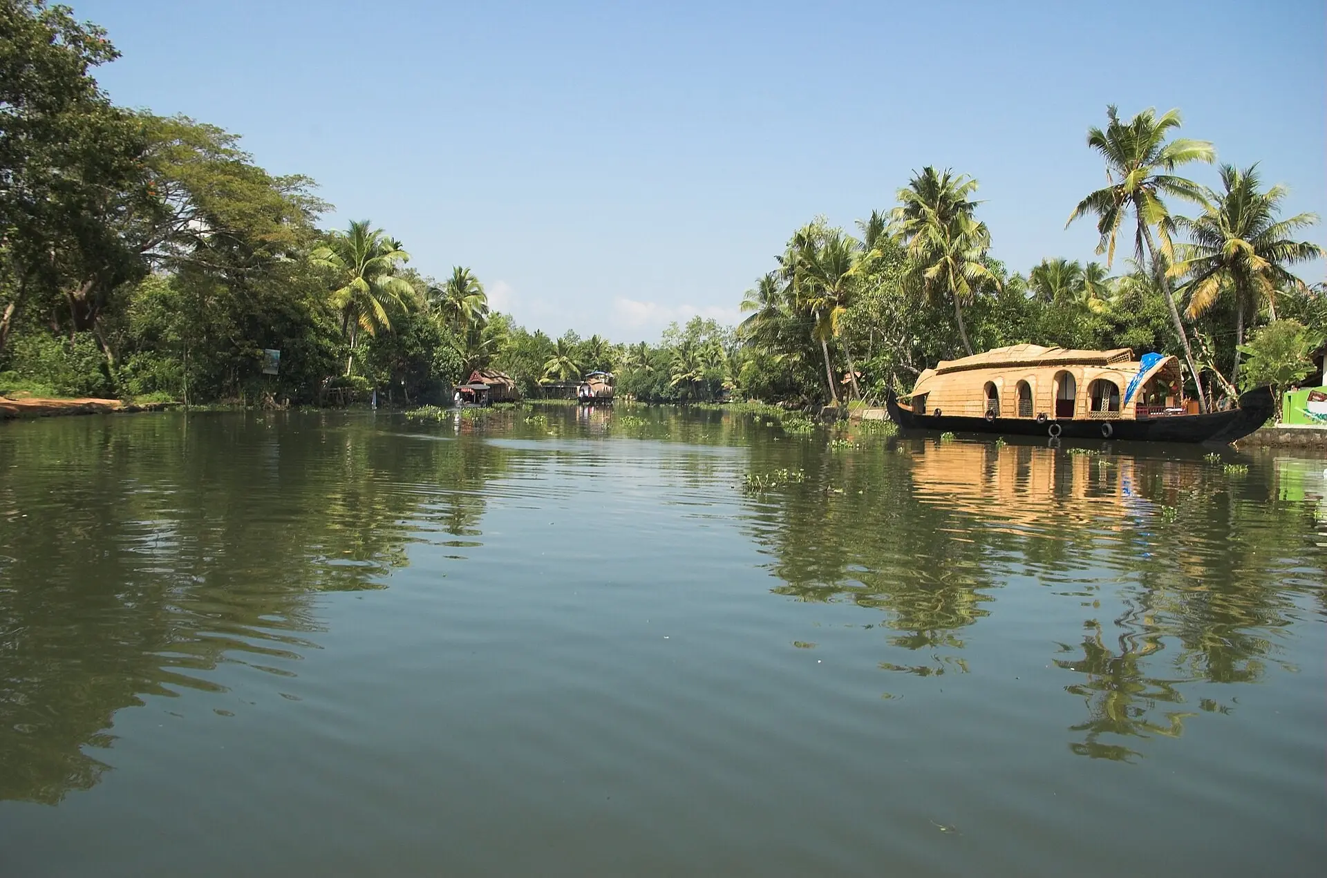 A houseboat on a calm lake lined with coconut palms at Kumarakom