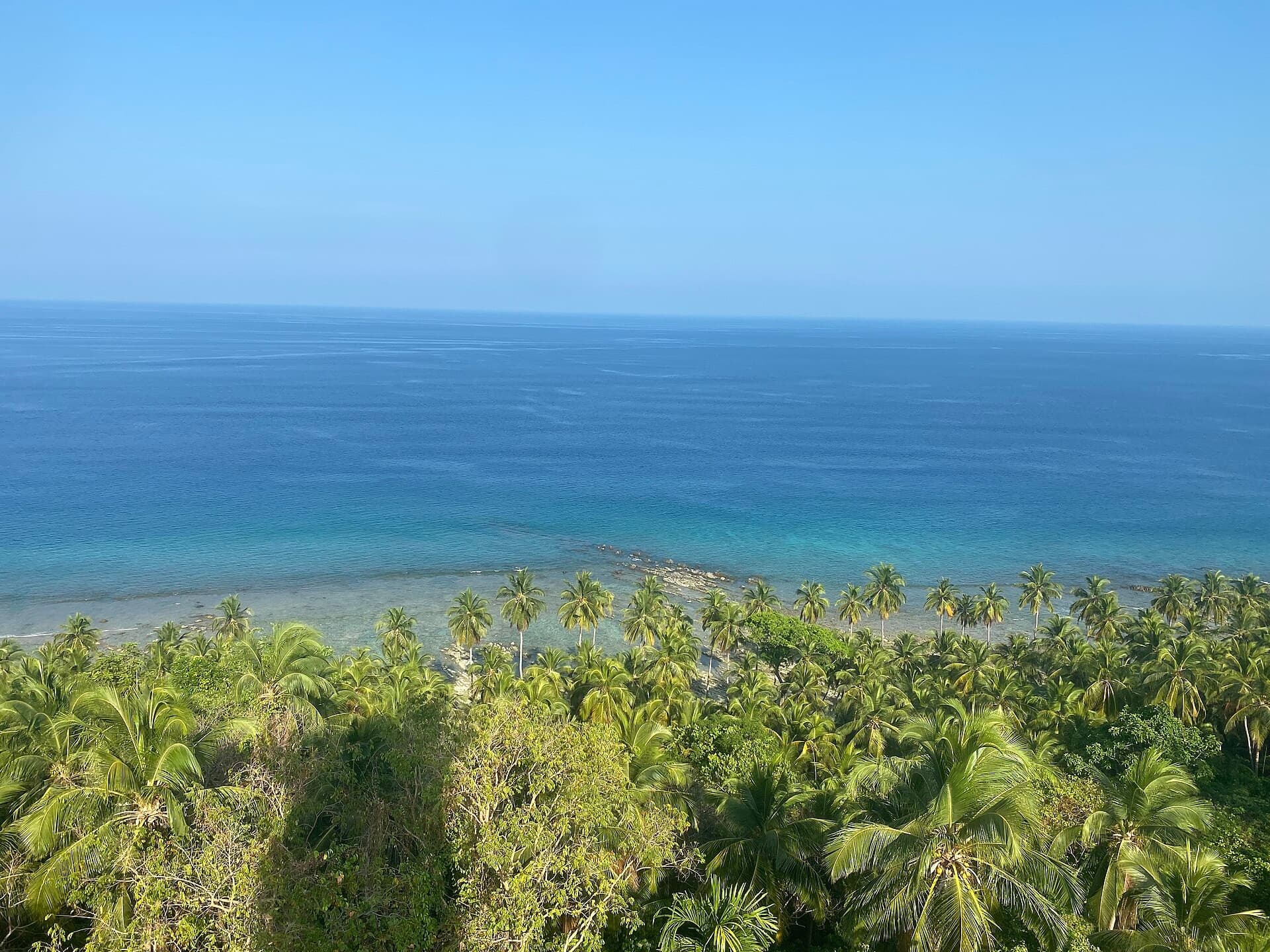View over coconut palms and a coral-edged sea at North Bay Island, Andaman